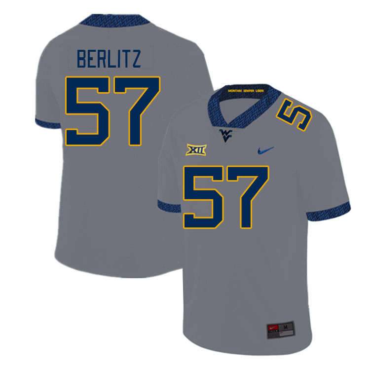 Men #57 Derek Berlitz West Virginia Mountaineers College Football Jerseys Stitched Sale-Gray